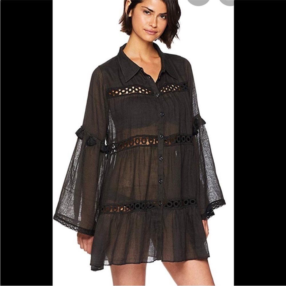 misa los angeles magali black button front crochet tassel bikini cover up dress